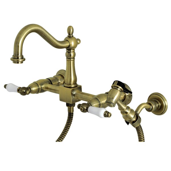 Heritage Wall Mnt Bridge Kitchen Faucet W/Brass Sprayer, Brass